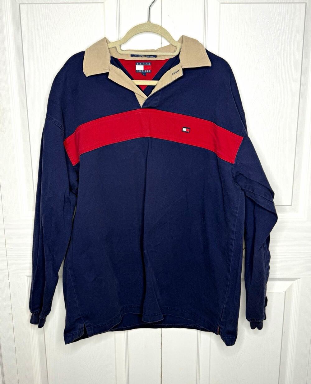 Tommy Hilfiger Men’s L Long Sleeve Colorblock Polo Navy Red Beige Cotton